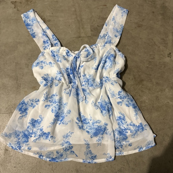SugarKiss Tops - Elegant White and Blue Floral Women's Blouse